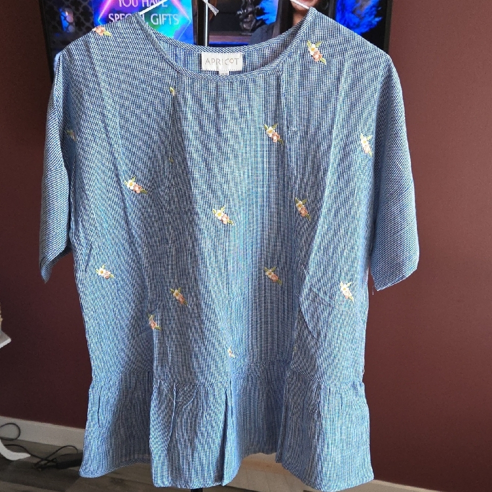 Nwt APRICOT Blue Floral Textured Peplum Top Short Sleeve Cottagecore Boho Blouse - Picture 2 of 6